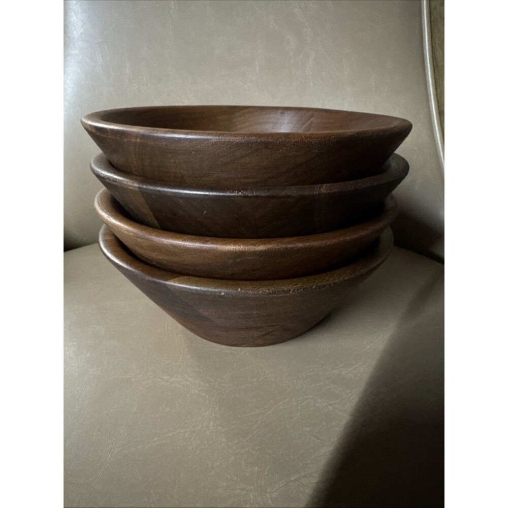Set of 4 Vintage MCM Vermillion Real Walnut Wood 6” Salad Bowls 6” x 2.25”